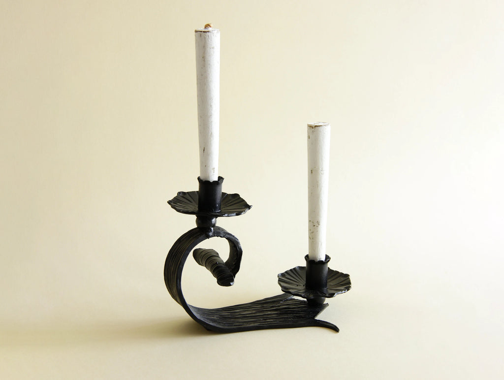 1970s hand-forged iron candle holder, front view