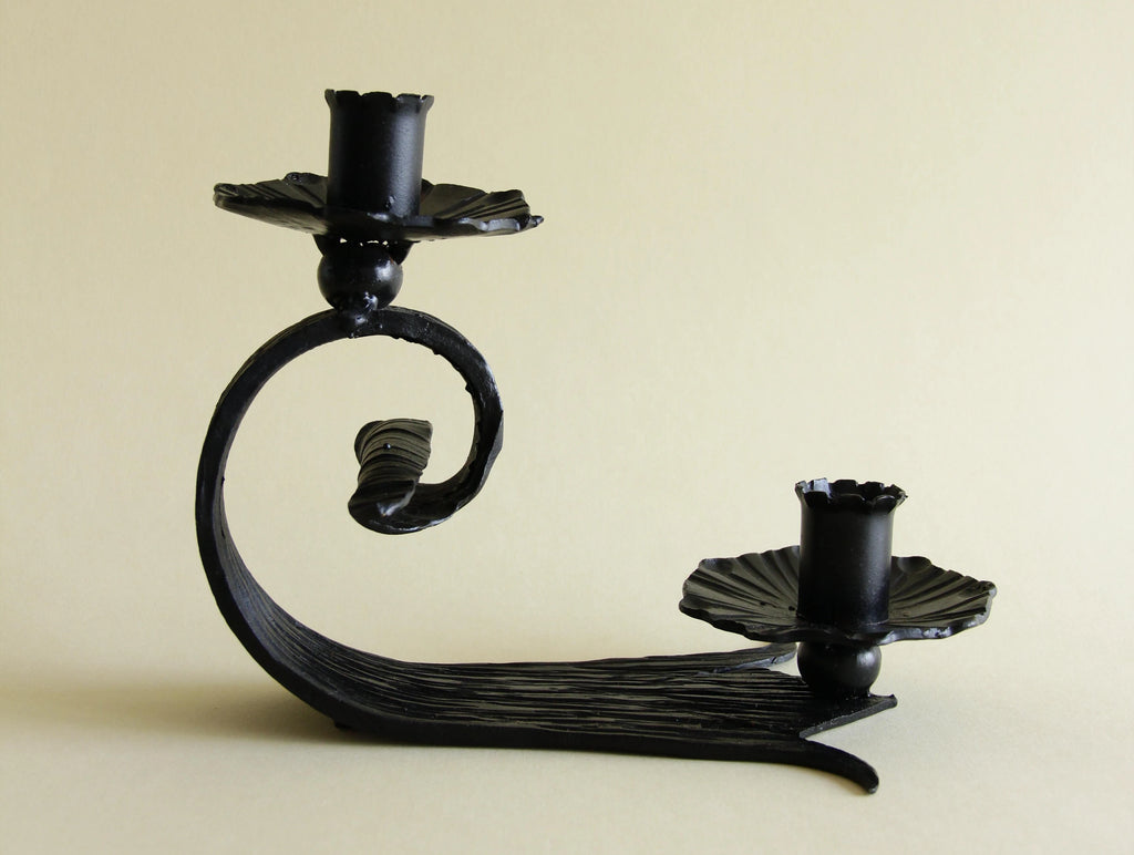1970s hand-forged iron candle holder, side view