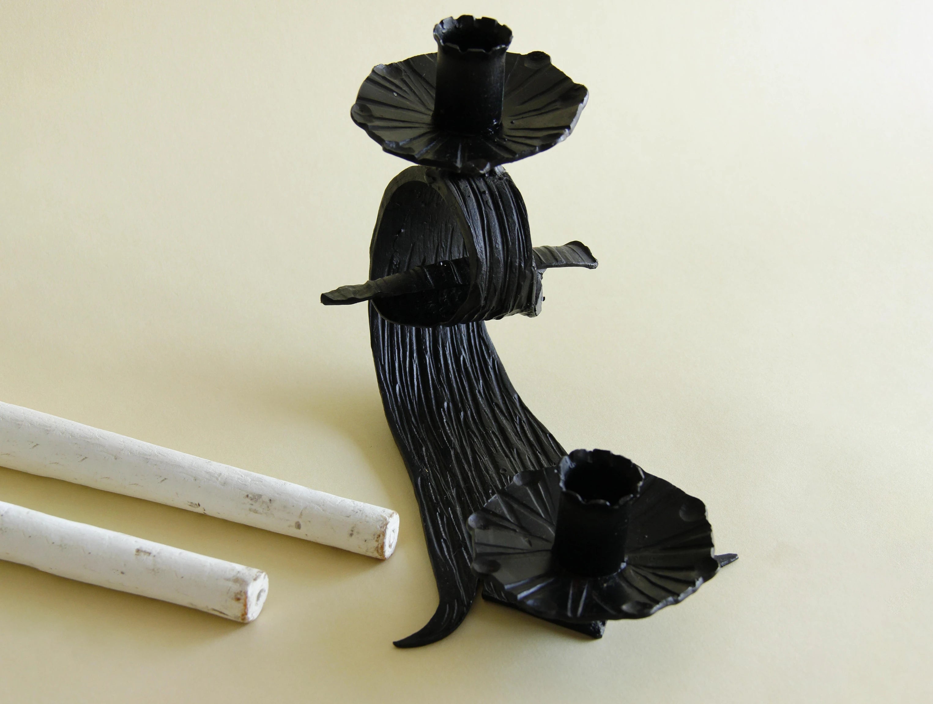 1970s hand-forged iron candle holder, base detail