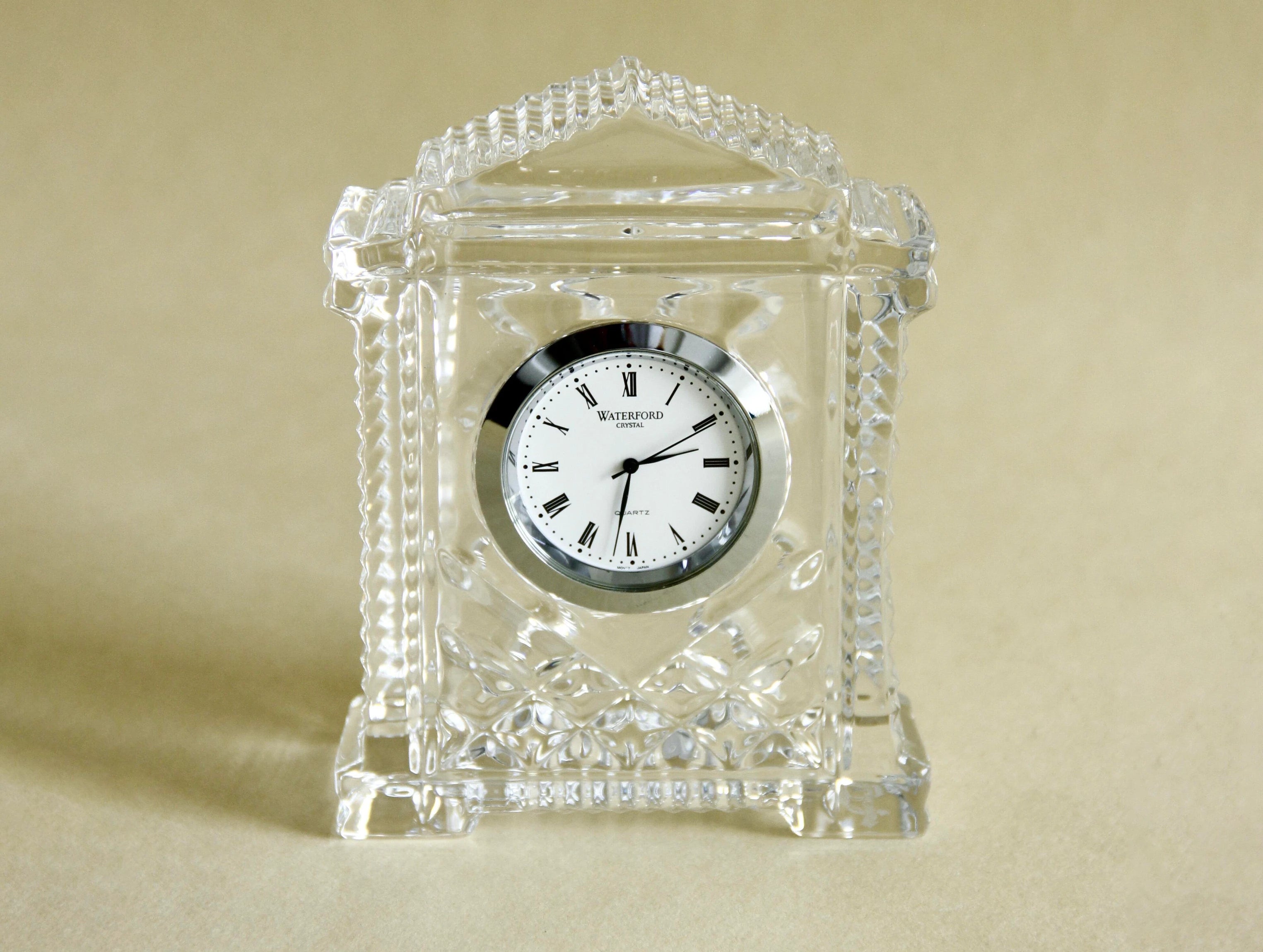 1980s Waterford Acropolis crystal mantel clock, front view