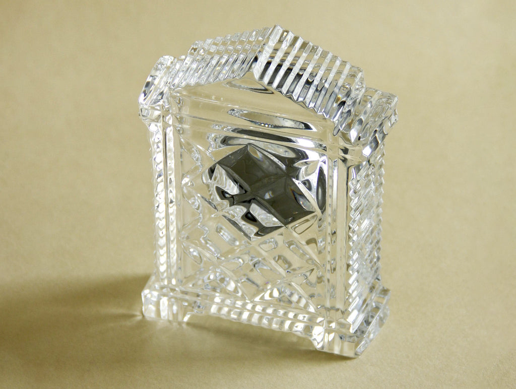 1980s Waterford Acropolis crystal mantel clock, three-quarter view