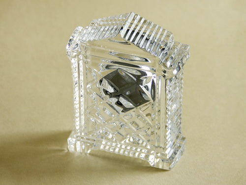 1980s Waterford Acropolis crystal mantel clock, three-quarter view