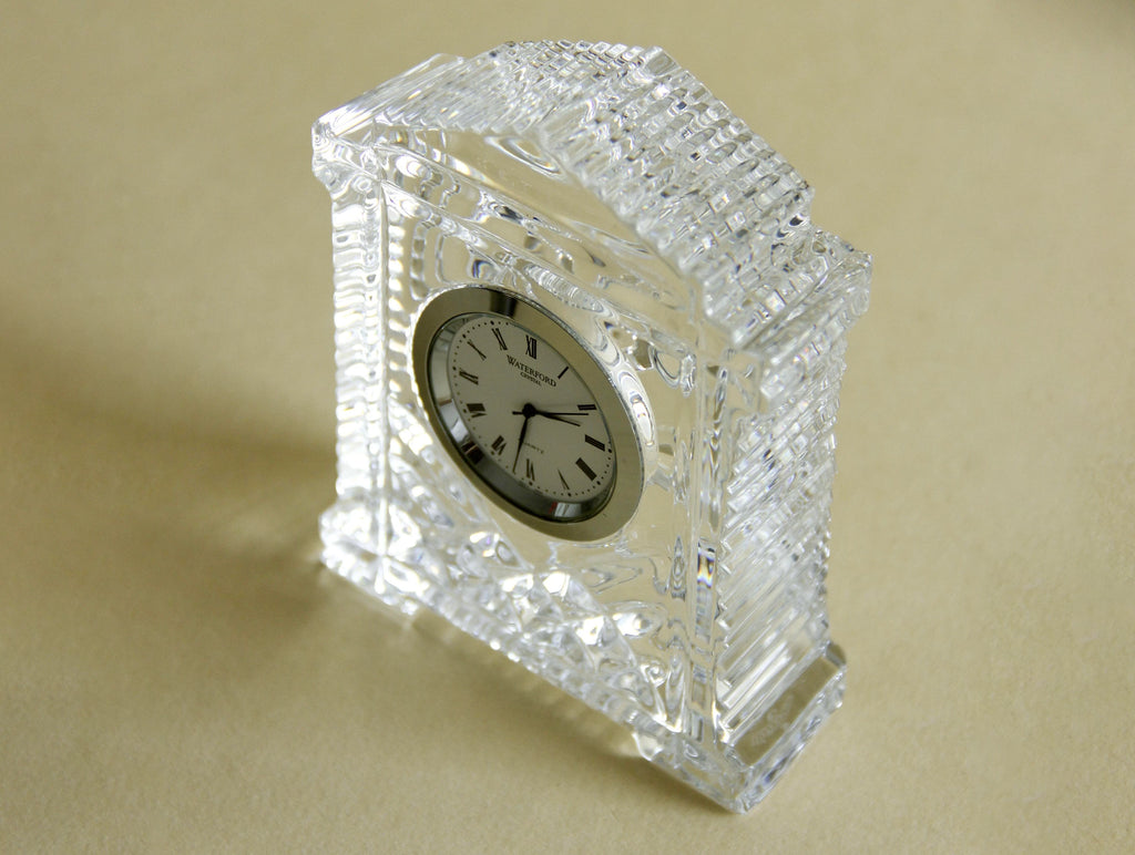 1980s Waterford Acropolis crystal mantel clock, side view