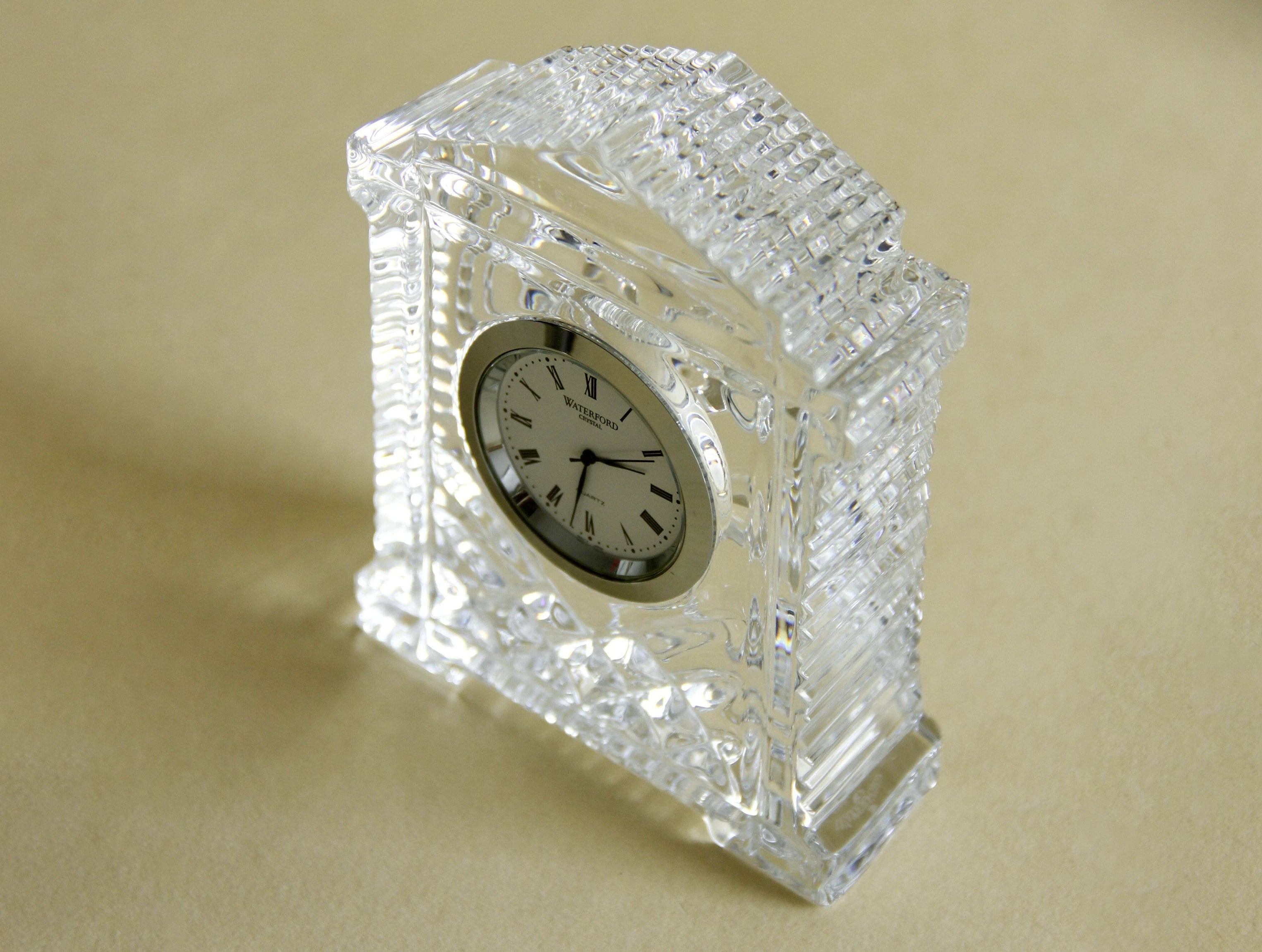 1980s Waterford Acropolis crystal mantel clock, side view