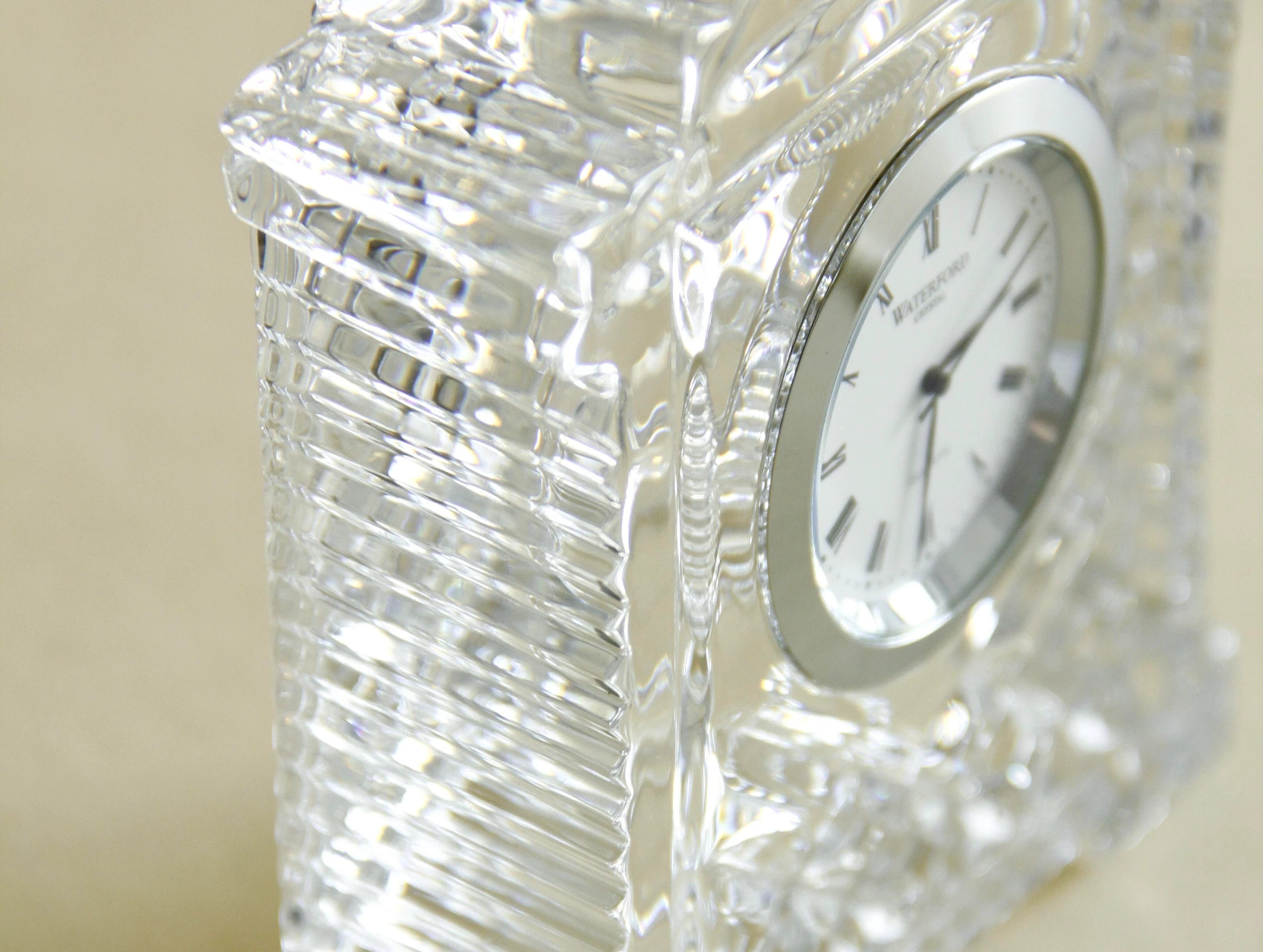 1980s Waterford Acropolis crystal mantel clock, surface detail