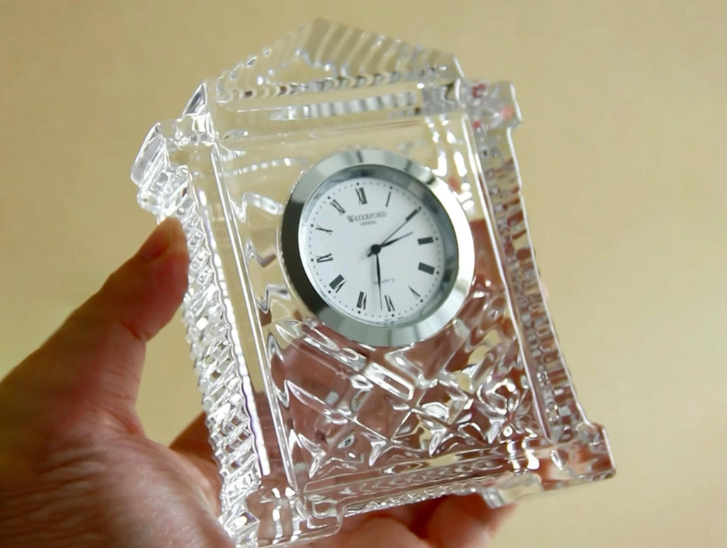 1980s Waterford Acropolis crystal mantel clock, scale and form
