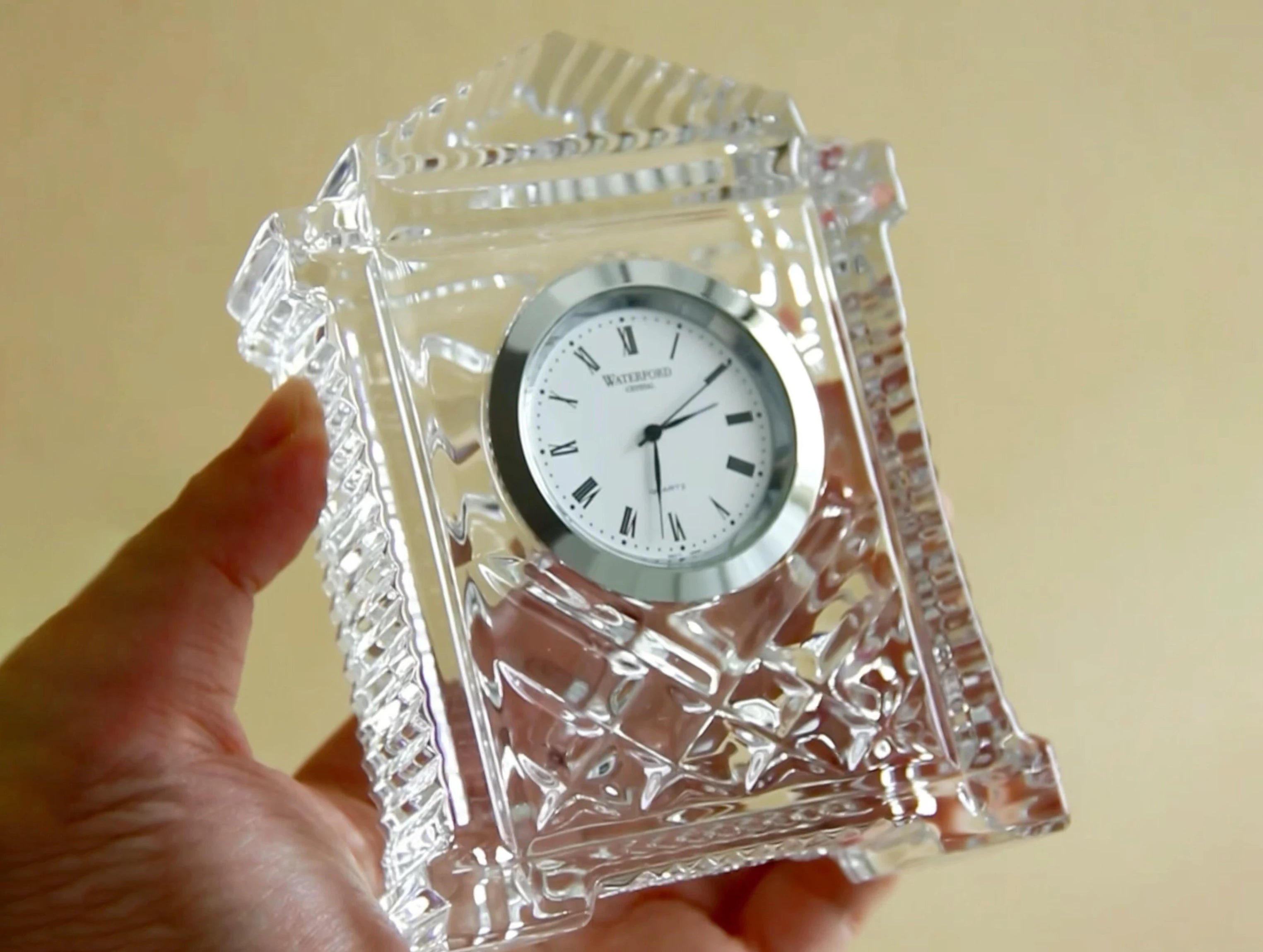 1980s Waterford Acropolis crystal mantel clock, scale and form