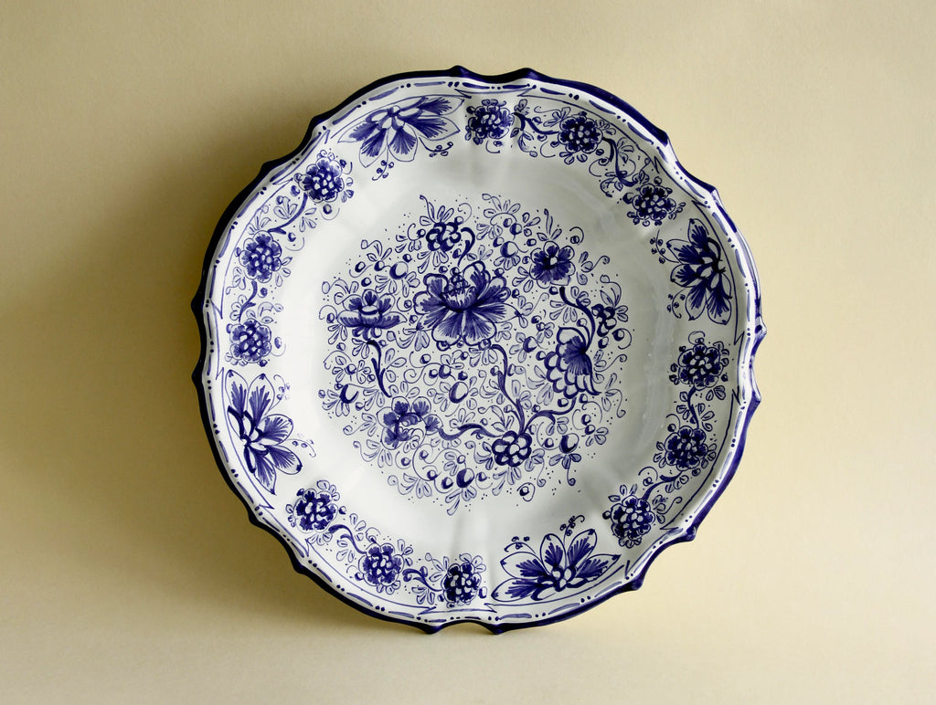 Majolica cobalt floral display plate, front view