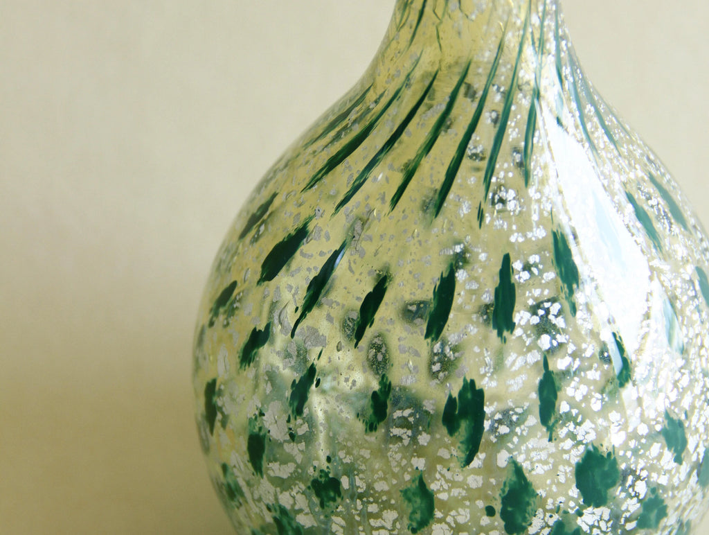 Silver-foil art glass vase, three-quarter view